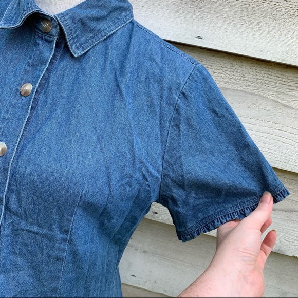 True Vintage 70s Blue Cotton Denim Ruffled Trim Button Down Short Sleeve Blouse - Picture 7 of 16
